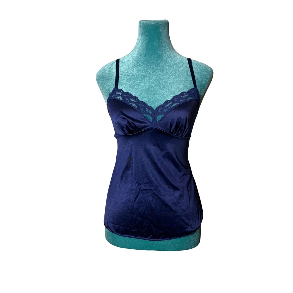 Vintage Lace Trim Coquette Women Camisole Tank Top Navy Blue Satin